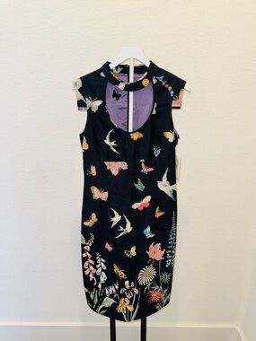 Anthropologie Leifsdottir Black Floral Butterfly Sheath Dress Mock Neck Size 10